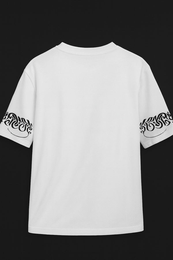 Minimalist Bold White T-Shirt with Sleeve Calligraphy Print