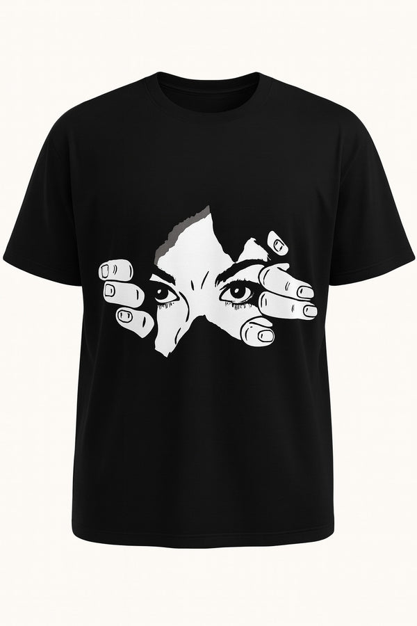 Bold "Peeking Eyes" Graphic T-Shirt - Tear-Through Illusion